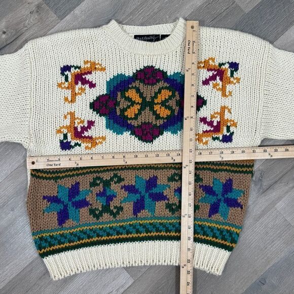 Vintage Rafferty 80s 90s Floral Chunky Knit Sweater Ivory Large Crewneck - Picture 10 of 11